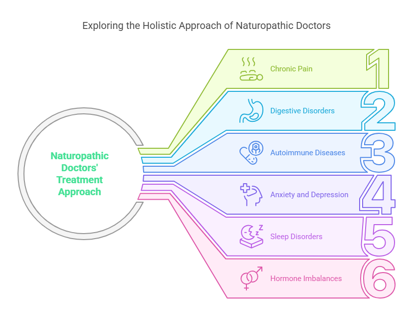 Why Choose a Naturopathic Doctor? 2 Infographic: 'Exploring the Holistic Approach of Naturopathic Doctors.' A central circle labeled 'Naturopathic Doctors' Treatment Approach' connects to six color-coded boxes, each representing a health condition addressed holistically: 1. Chronic Pain (steamy teacup icon, green), 2. Digestive Disorders (stomach icon, blue), 3. Autoimmune Diseases (DNA/pill icon, purple), 4. Anxiety and Depression (brain with plus sign, pink), 5. Sleep Disorders (bed with Zs, light purple), and 6. Hormone Imbalances (gender symbols, magenta). Numbers 1–6 are displayed vertically in corresponding colors next to the boxes.
