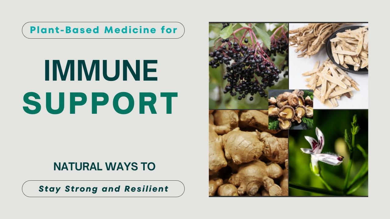 A graphic promoting plant-based immune support, featuring the text 'Plant-Based Medicine for Immune Support' and 'Natural Ways to Stay Strong and Resilient.'