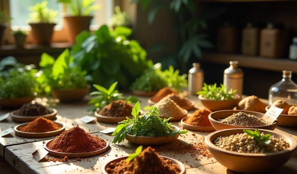 Adaptogens in Barrie: Red paprika, cinnamon, turmeric, basil, parsley on wooden table with potted plants and glass jars.