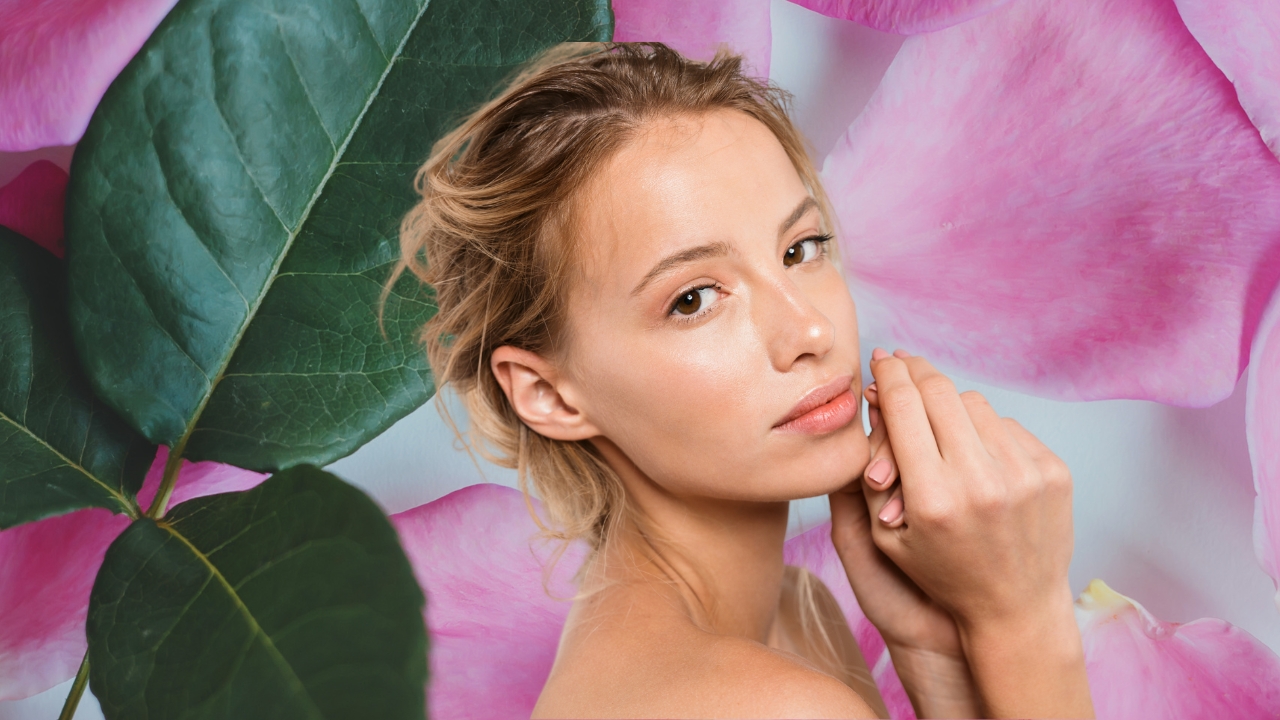 Portrait of a serene woman with blonde hair and brown eyes, gently touching her face amidst vibrant pink flowers and lush green leaves. The image embodies natural beauty and self-care, symbolizing **Hormonal Health for Women in Barrie** through a harmonious blend of tranquility and vitality. Soft lighting highlights her calm expression, while the floral backdrop evokes themes of growth and balance—key metaphors for hormonal wellness.
