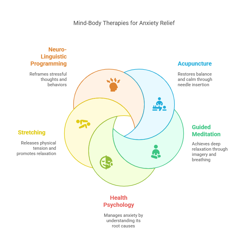 Mind-Body Therapies for Anxiety Relief: Exploring Effective Options in Canada 1 Venn diagram illustrating 'Mind-Body Therapies for Anxiety Relief' by Dr. Jordan Ungerman ND, featuring overlapping circles for Neuro-Linguistic Programming (reframes thoughts), Acupuncture (restores balance), Guided Meditation (deep relaxation via imagery), Health Psychology (manages root causes), and Stretching (releases tension). Color-coded icons highlight each therapy’s unique approach to holistic anxiety management.