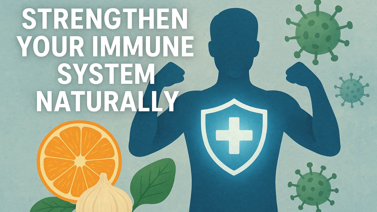 Strengthen Your Immune System Naturally: Silhouette of a muscular figure flexing biceps, wearing a shield with a medical cross, surrounded by green virus-like particles (coronavirus illustrations), an orange slice, garlic bulb, and leafy greens—symbolizing natural immunity-boosting methods.
