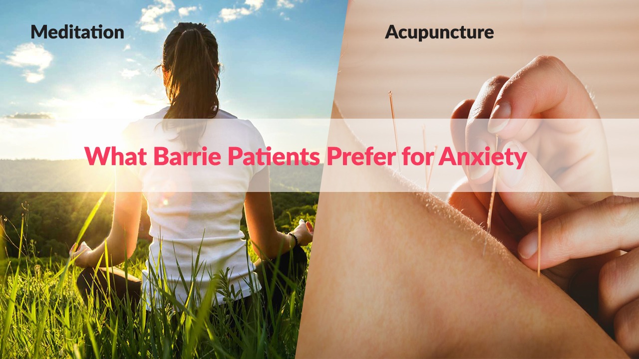 Side-by-side image of a woman meditating in nature and an acupuncture session, representing anxiety relief options in Barrie.