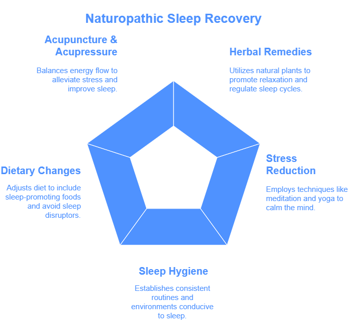 Naturopathic Sleep Solutions for Insomnia 2 Naturopathic Sleep Recovery diagram highlights acupuncture, herbal remedies, dietary changes, stress reduction, and sleep hygiene for holistic rest.