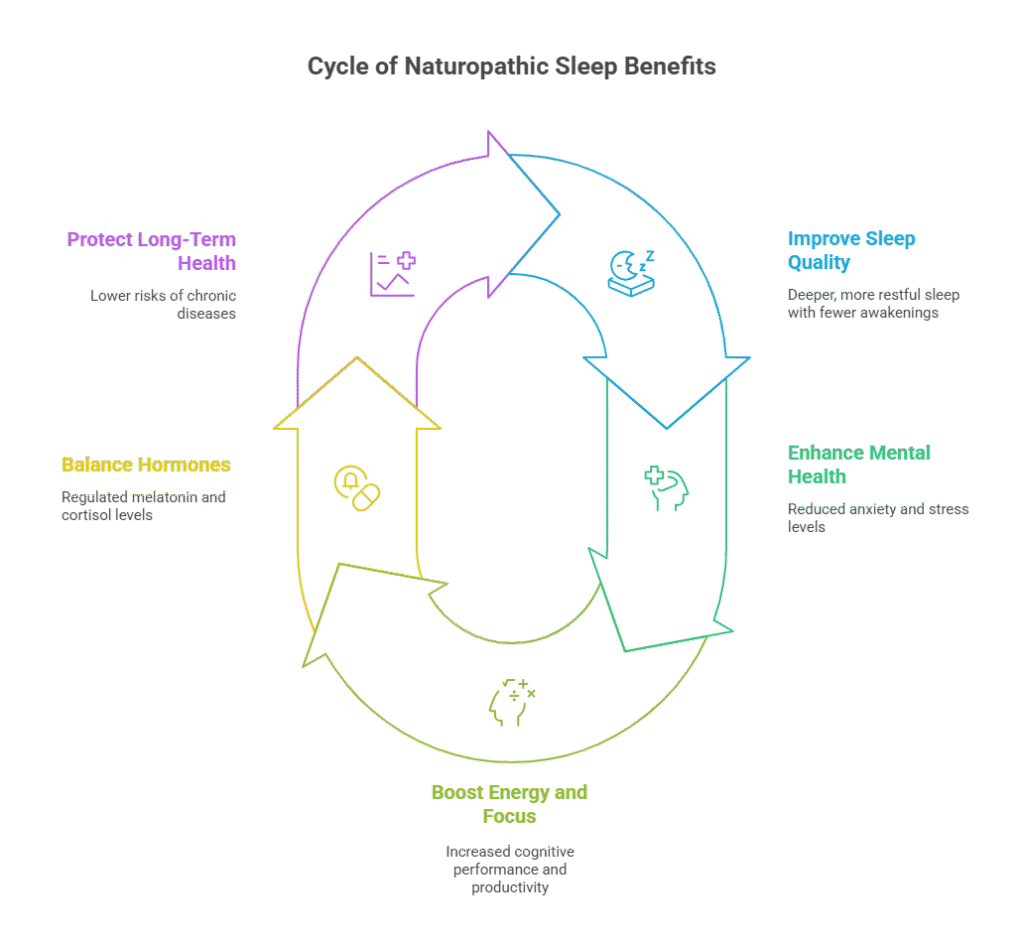 Naturopathic Sleep Solutions for Insomnia 3 Naturopathic Sleep Benefits cycle connects improved sleep quality, enhanced mental health, boosted energy/focus, and balanced hormones in a circular flow.