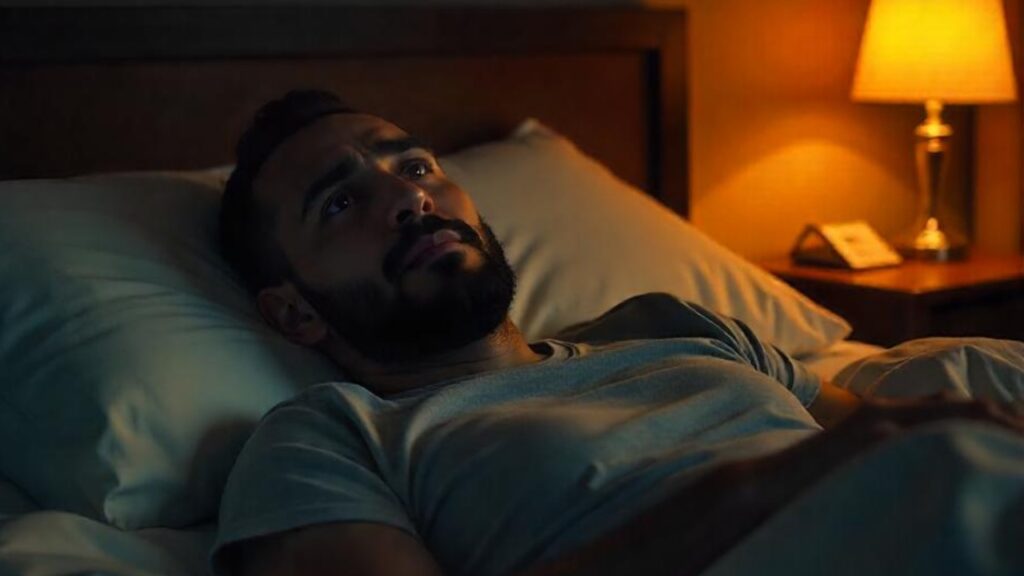 Naturopathic Sleep struggle: A bearded man in light blue t-shirt stares upward in dim room with warm lamp and phone on nightstand.