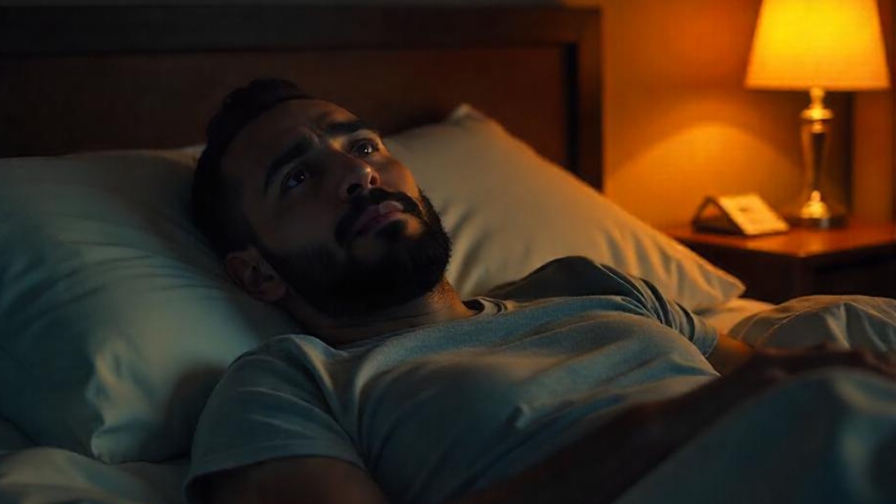 Naturopathic Sleep struggle: A bearded man in light blue t-shirt stares upward in dim room with warm lamp and phone on nightstand.