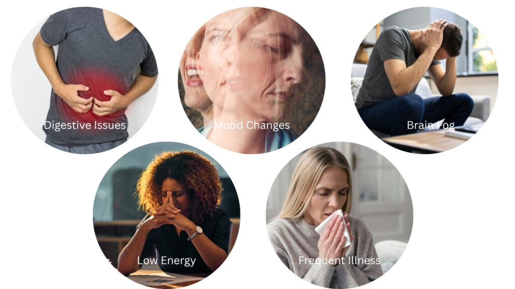 The Gut-Brain Axis: A Barrie Naturopath’s Guide to Holistic Healing 1 Images of individuals experiencing symptoms connected to The Gut-Brain Axis : digestive issues, mood changes, brain fog, low energy, and frequent illness.