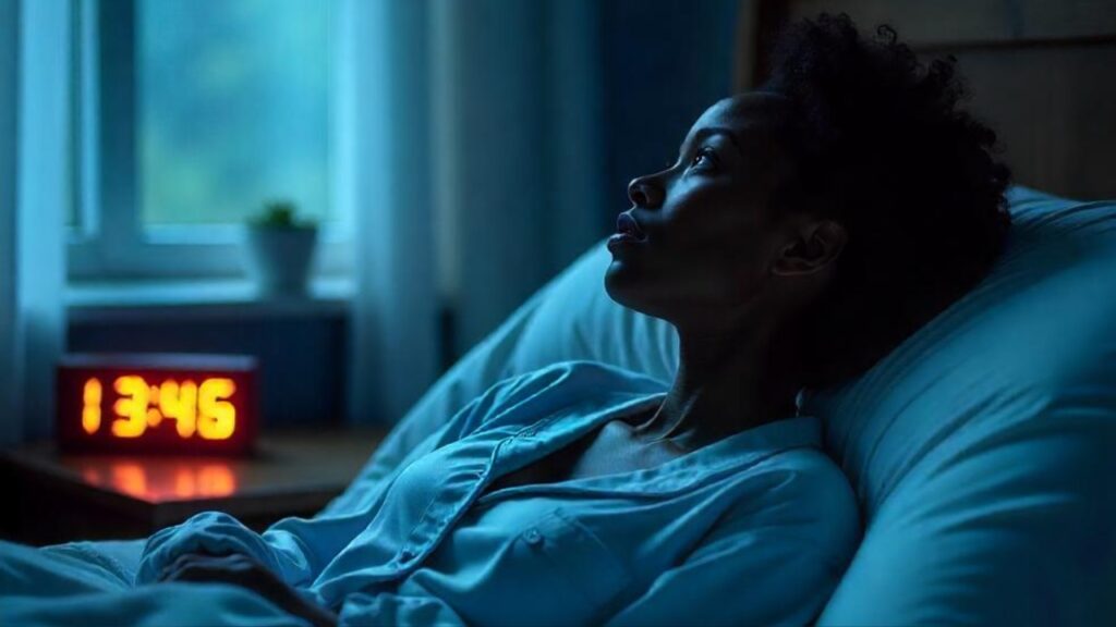 Naturopathic Sleep Solutions for Insomnia 1 Naturopathic Sleep struggle: A woman in blue shirt lies awake at 3:46 AM, gazing upward in dimly lit room with glowing clock and window light.